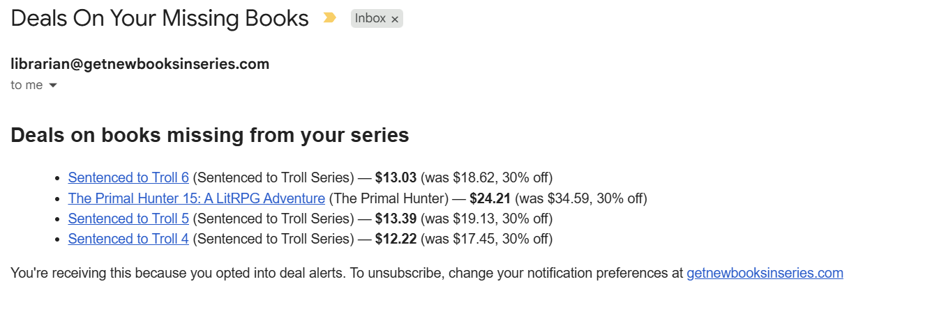 Daily deals email listing missing books that are currently discounted, each with its sale price, list price, and percentage off