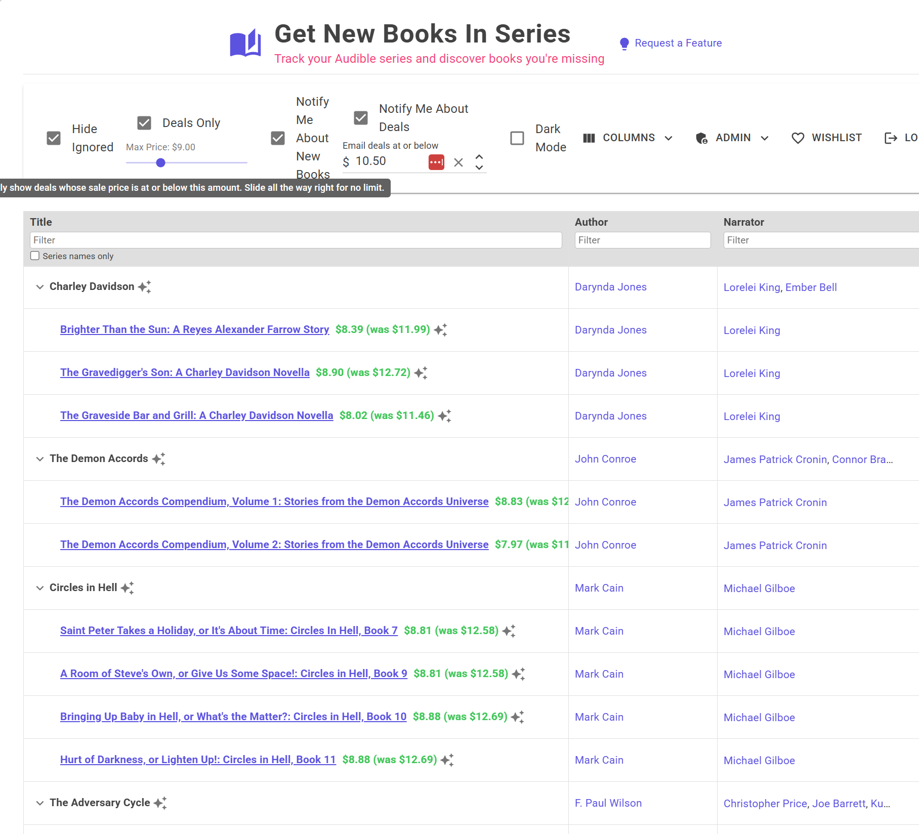 Library filtered to Deals Only, showing discounted missing books alongside a max price slider