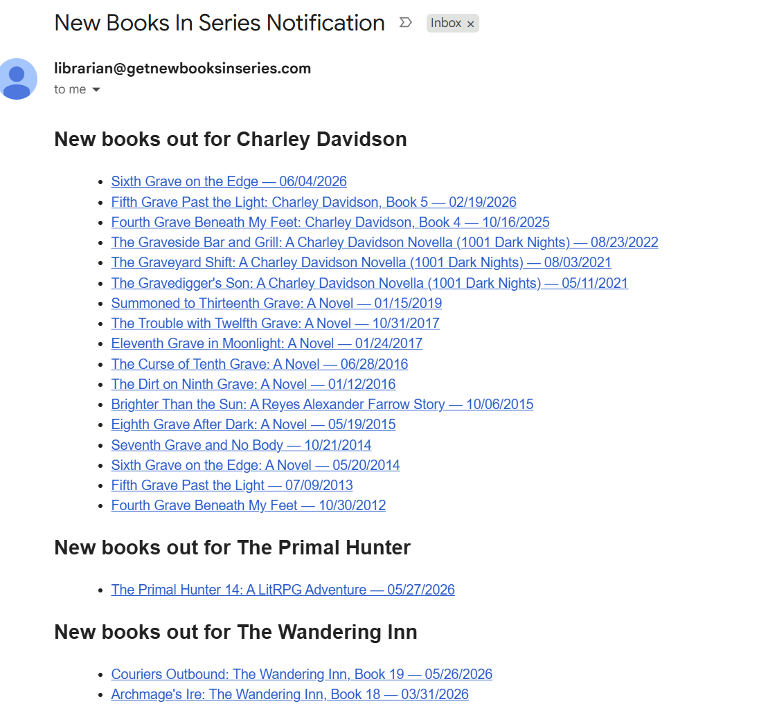 Weekly notification email listing newly released books in followed series