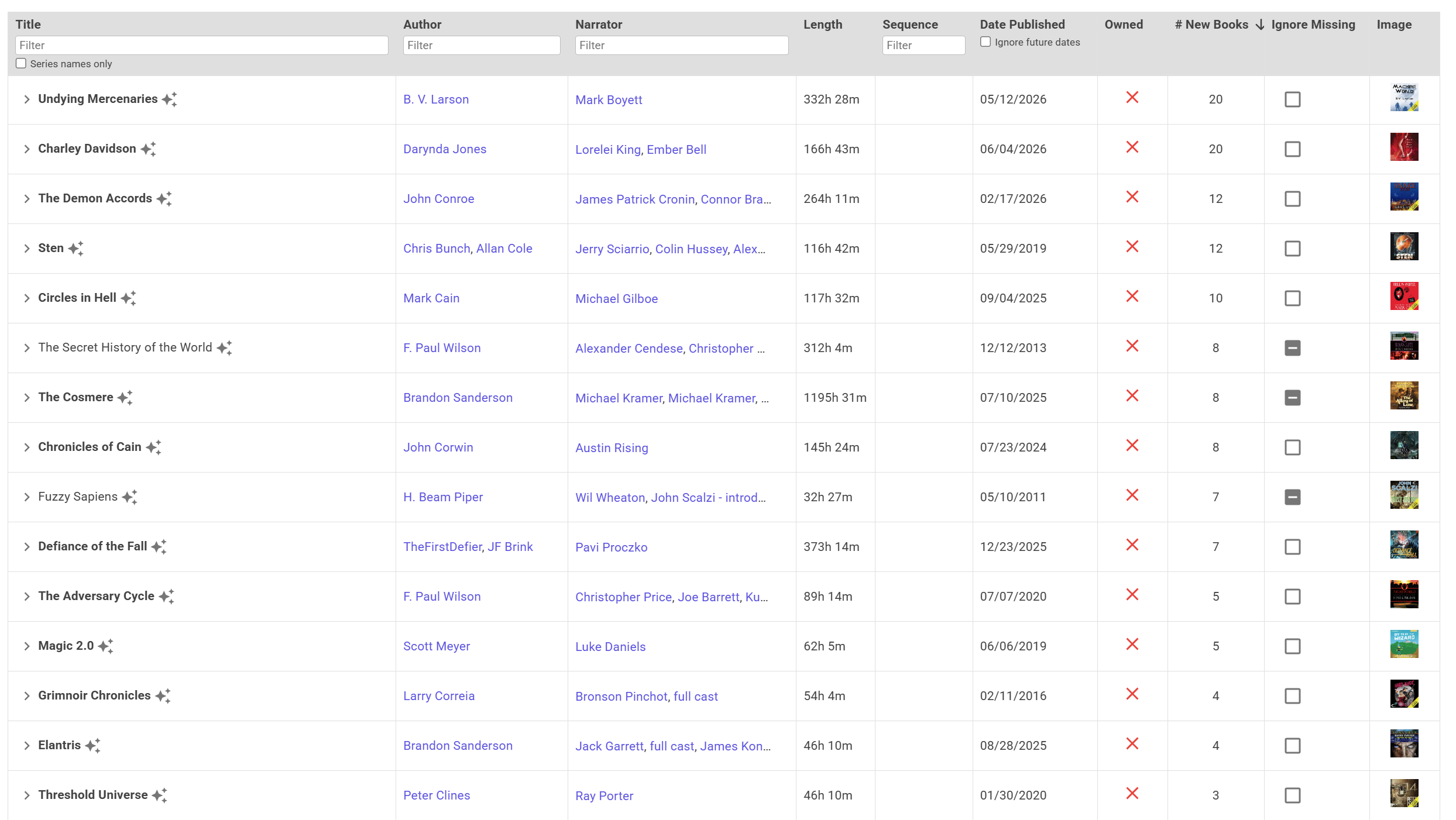 Library view listing Audible series with the number of new books missing from each