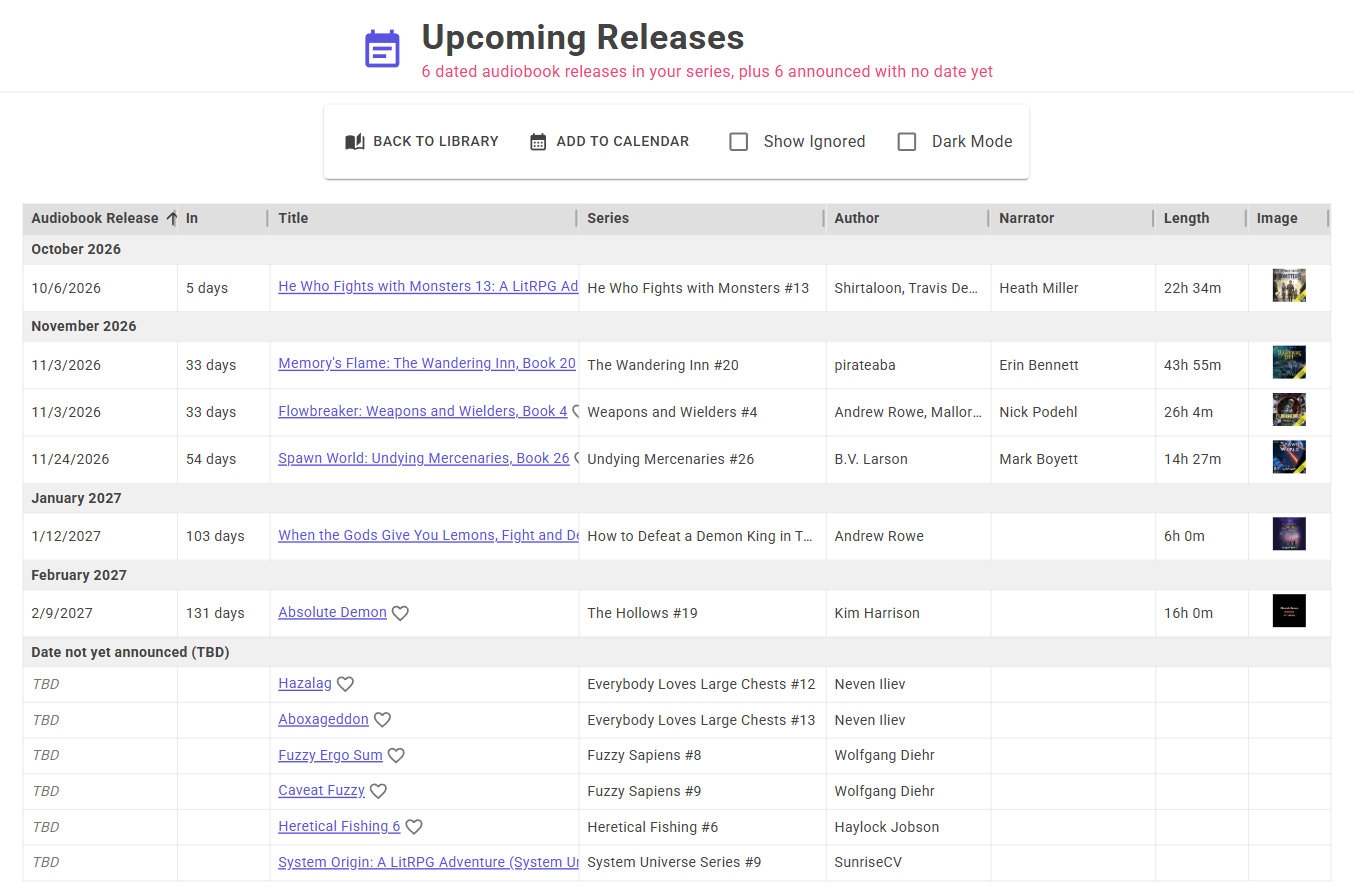 Upcoming page listing unreleased audiobooks grouped by month, with release dates, countdowns and an Add to Calendar button